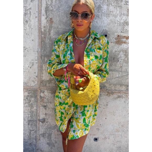 Zara Yellow Green Floral Paisley Print Silky Wrap Shirt Dress size XS - Picture 2 of 11